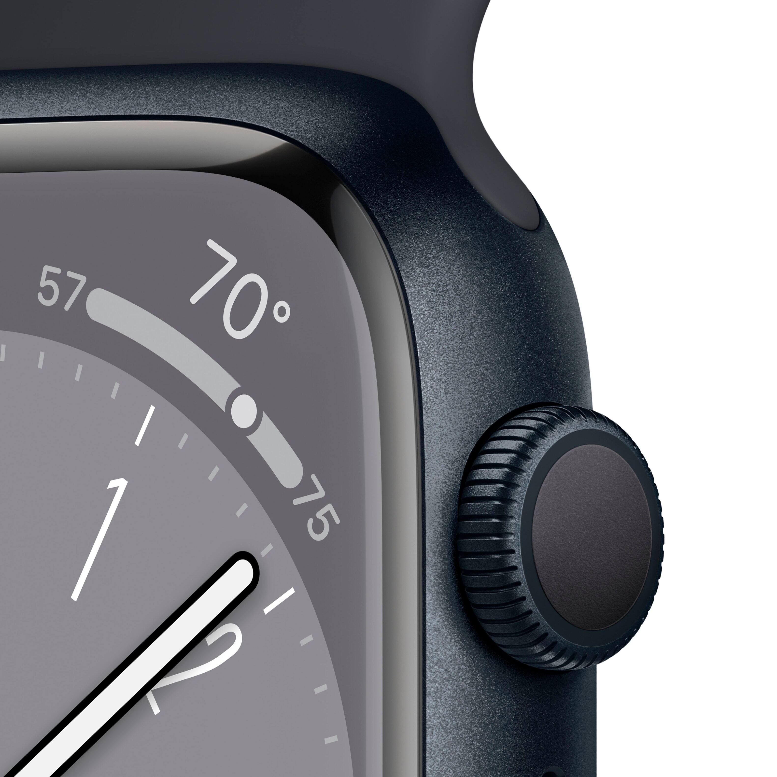 Left. Apple - Apple Watch Series 8 (GPS) 45mm Aluminum Case with Midnight Sport Band - S/M - Midnight.