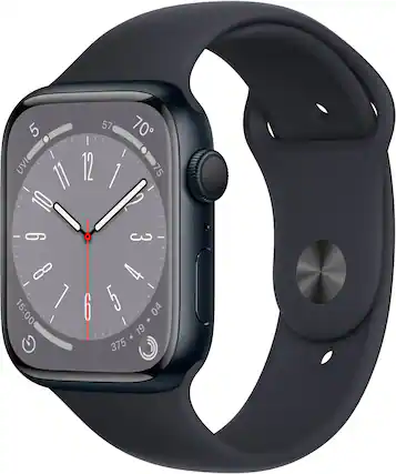 Front. Apple - Apple Watch Series 8 (GPS) 45mm Aluminum Case with Midnight Sport Band - M/L - Midnight.