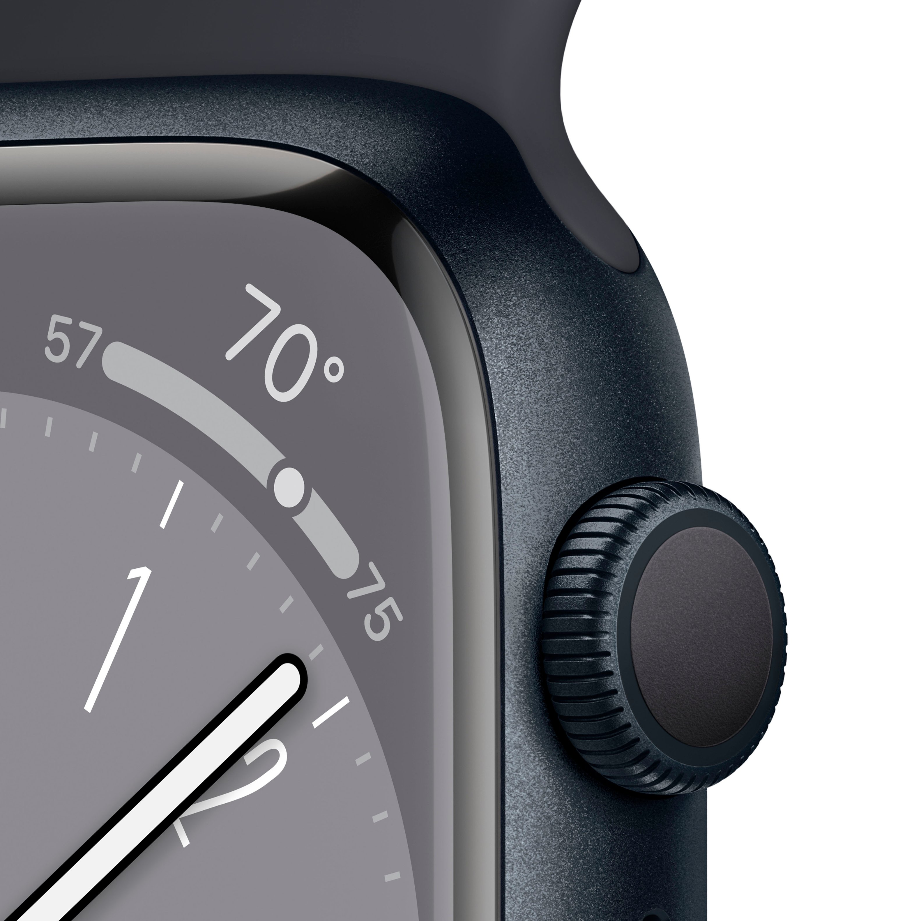 Left View: Apple Watch Series 8 (GPS) 45mm Aluminum Case with Midnight Sport Band - M/L - Midnight