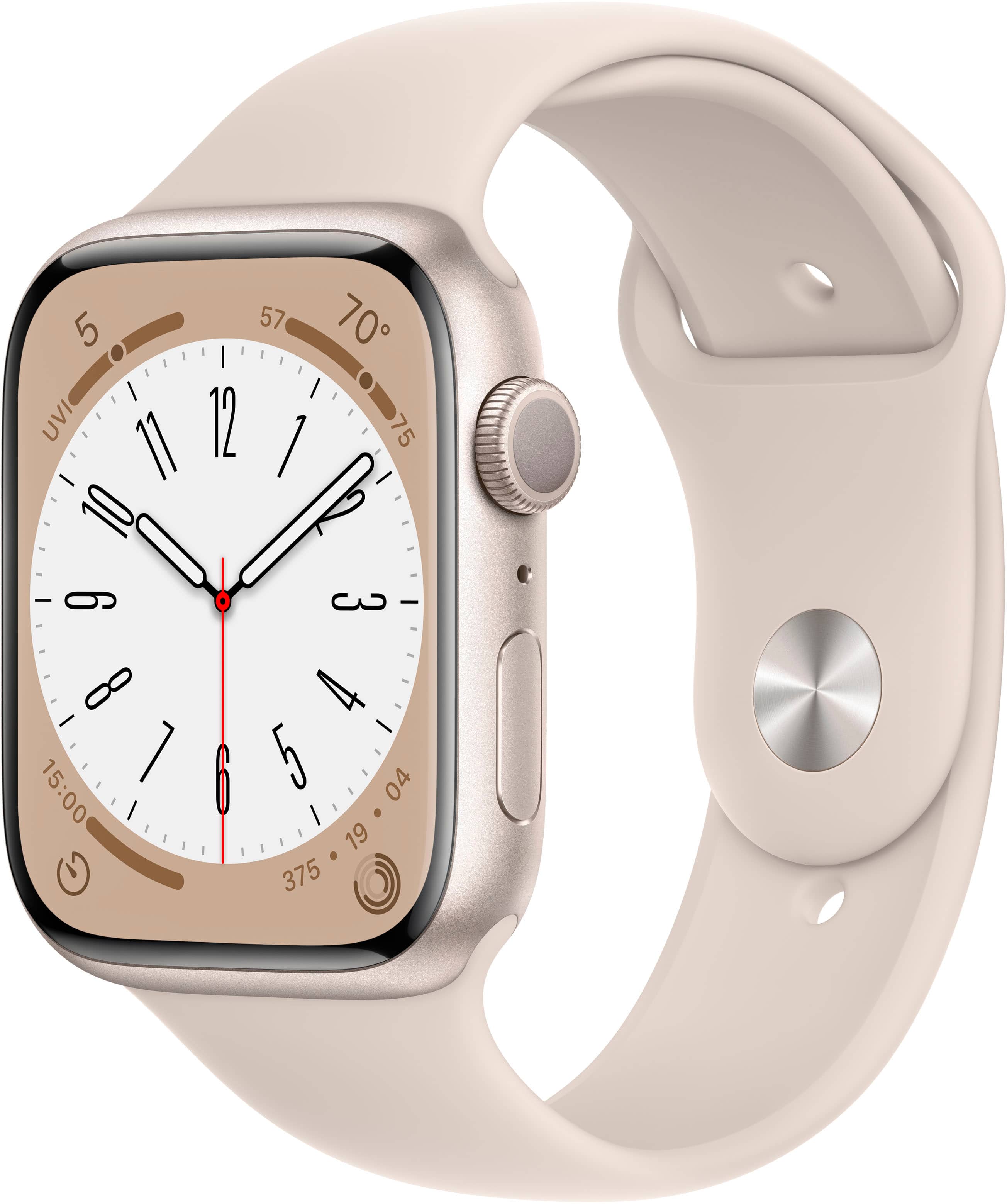 Front. Apple - Apple Watch Series 8 (GPS) 45mm Aluminum Case with Starlight Sport Band - S/M - Starlight.