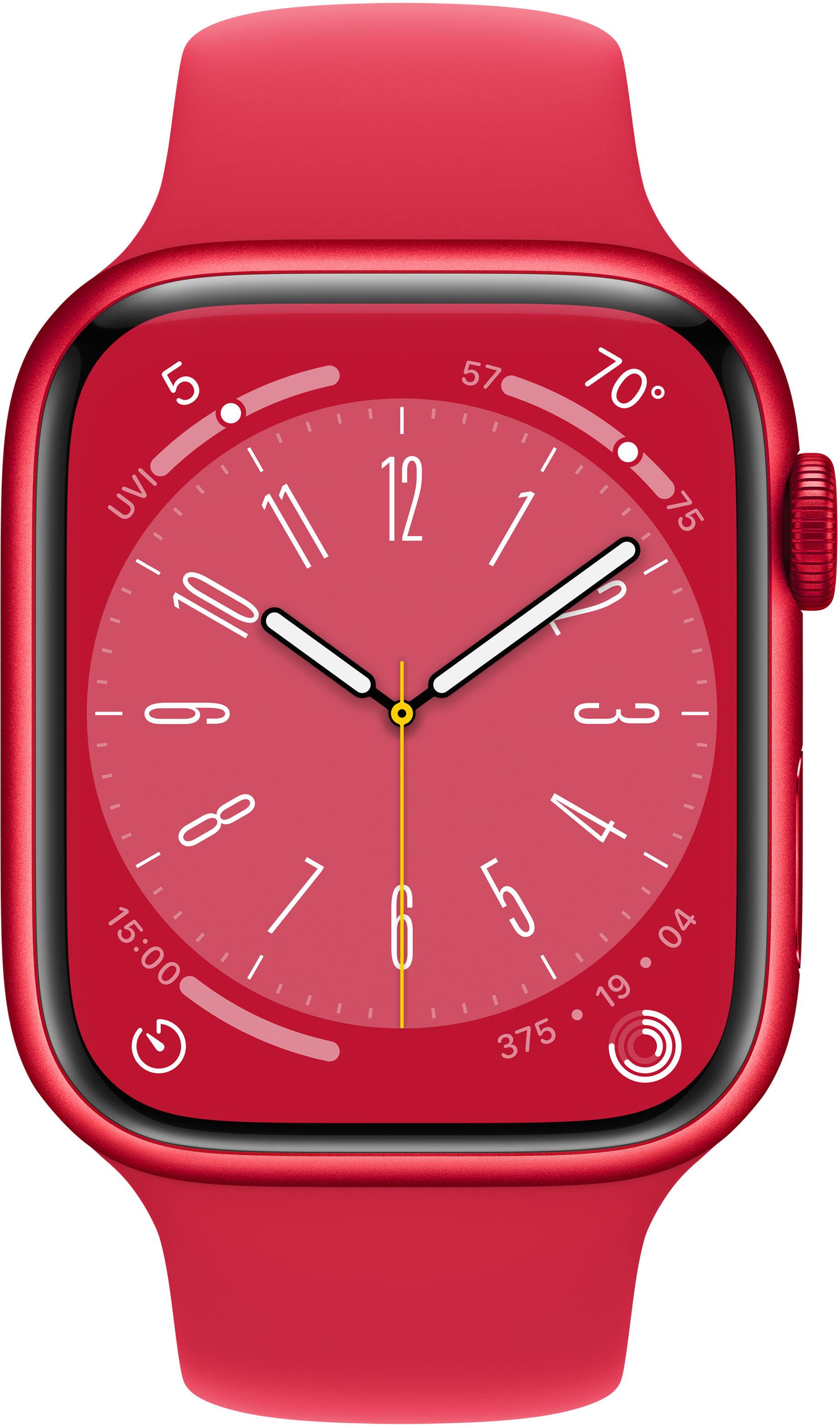 Angle. Apple - Apple Watch Series 8 (GPS) 45mm Aluminum Case with (PRODUCT)RED Sport Band - M/L - (PRODUCT)RED.