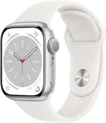 Front. Apple - Apple Watch Series 8 (GPS) 41mm Aluminum Case with White Sport Band - M/L - Silver.
