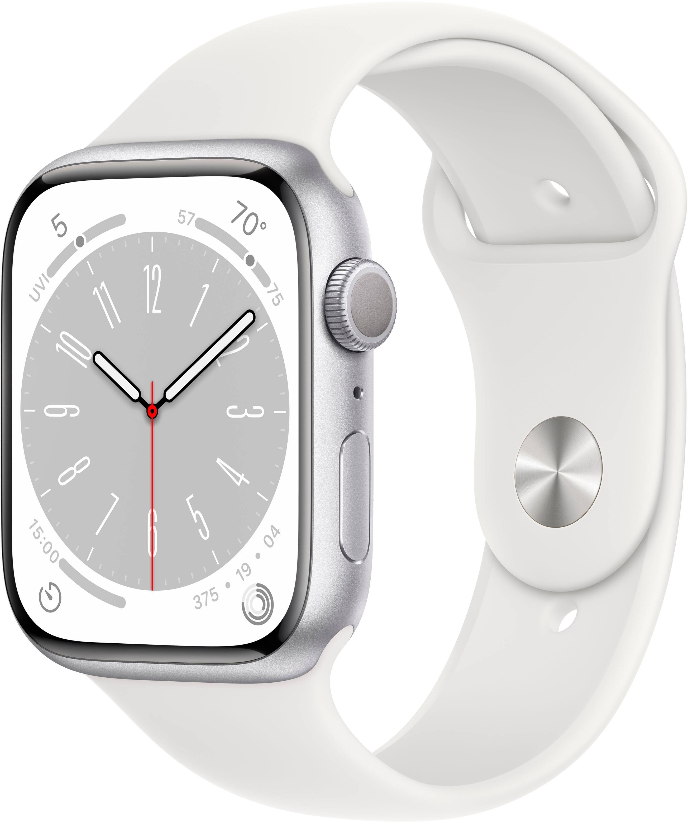 Front. Apple - Apple Watch Series 8 (GPS) 45mm Aluminum Case with White Sport Band - M/L - Silver.