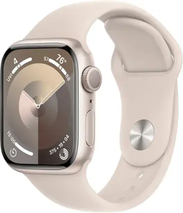 Front. Apple - Apple Watch Series 9 (GPS) 41mm Starlight Aluminum Case with Starlight Sport Band with Blood Oxygen - M/L - Starlight.