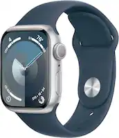Apple GS Cert Refurb Watch Series 9 (GPS) 41mm Silver Aluminum Case with Storm Blue Sport Band with Blood Oxygen - S/M - Silver - (2023) - Front_Zoom