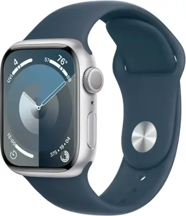 Front. Apple - Apple Watch Series 9 (GPS) 41mm Silver Aluminum Case with Storm Blue Sport Band with Blood Oxygen - M/L - Silver.