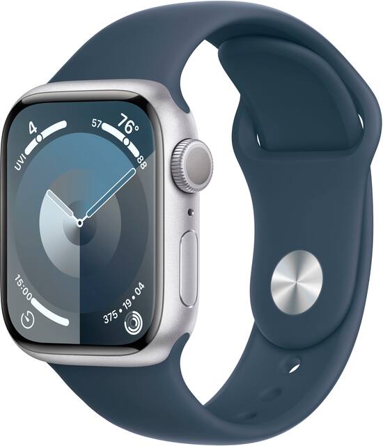 Apple Watch Series 9 GPS 41mm Silver Aluminum Case with Storm Blue Sport Band with Blood Oxygen M L Silver 2023 MR913LL A Best Buy