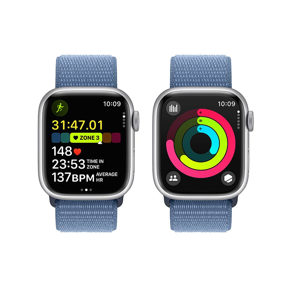 Apple Watch Series 9 (GPS) 41mm Silver Aluminum Case with Storm Blue Sport  Band S/M Silver MR903LL/A - Best Buy