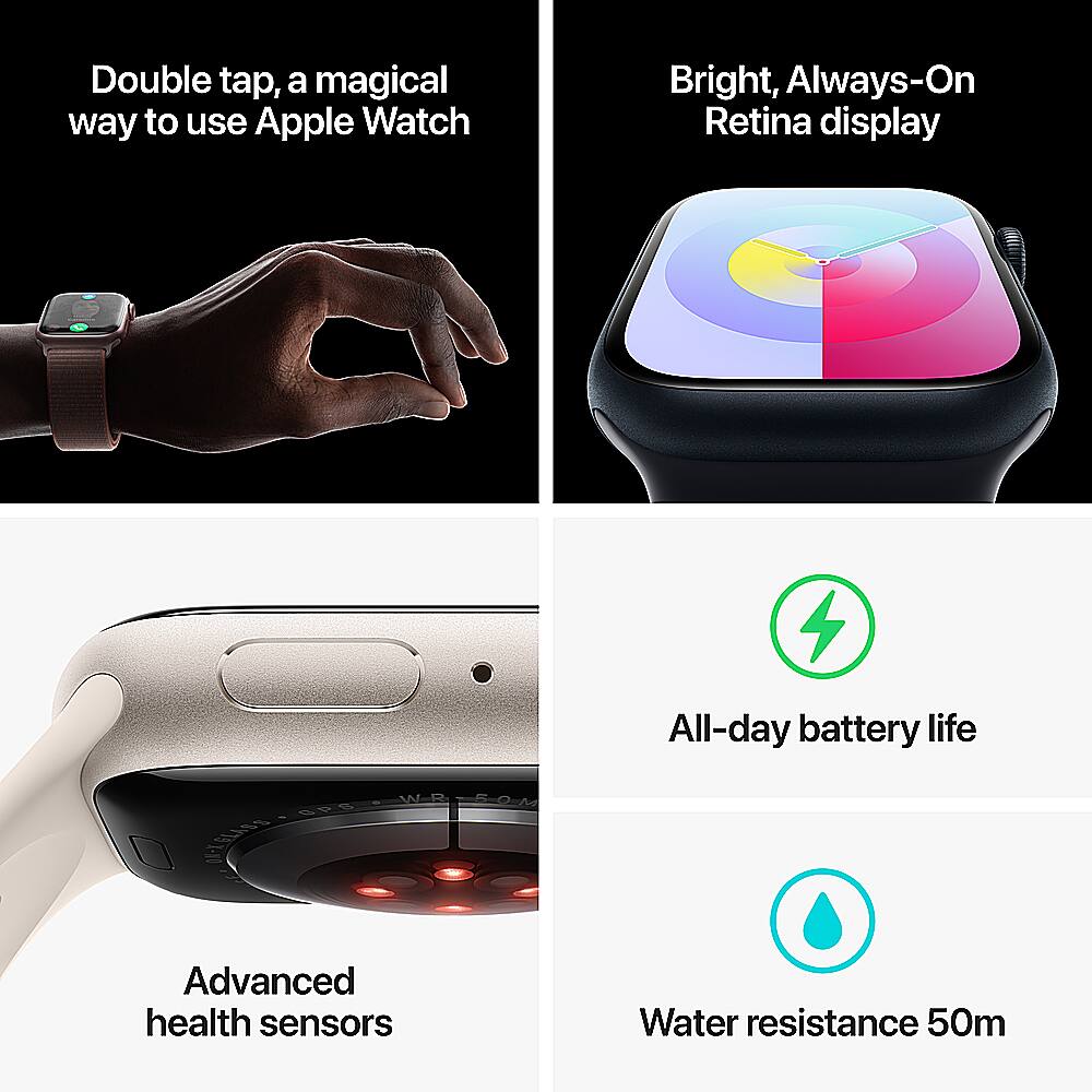 The text on the image can be grouped and corrected as follows:
1. Double tap: A magical way to use Apple Watch
2. Bright, Always-On Retina display
3. All-day battery life
4. Advanced health sensors
5. Water resistance 50m
This grouped and corrected text describes the features of an Apple Watch, including its double tap functionality, Retina display, battery life, health sensors, and water resistance.