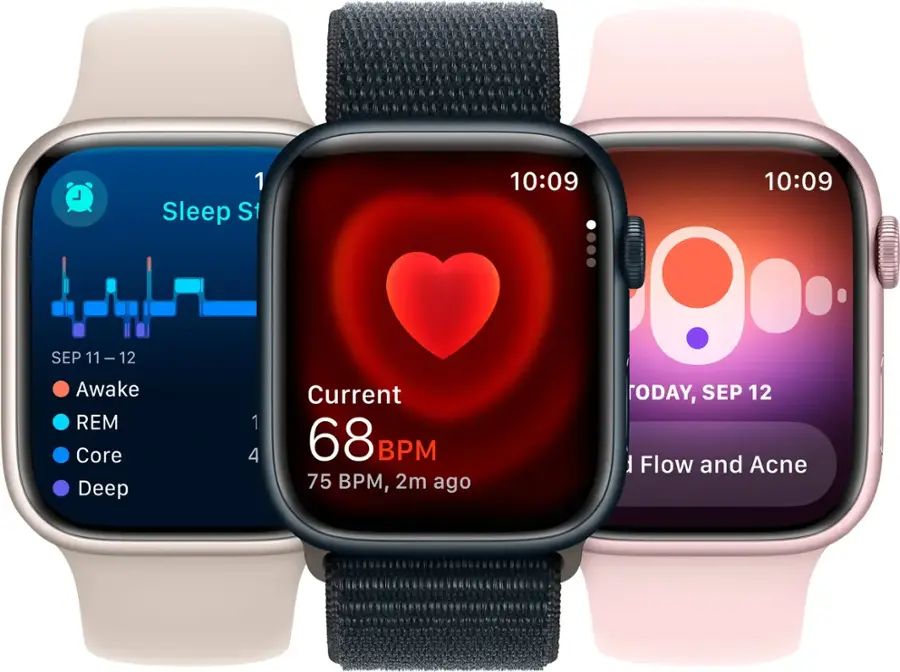 The text on the image is grouped and corrected as follows:

1. Sleep St 10:09 10:09 SEP 11 -12 - 12 Awake REM Core Deep 1 4 Current 68 BPM 75 BPM, 2m ago TODAY, SEP 12 Flow and Acne
