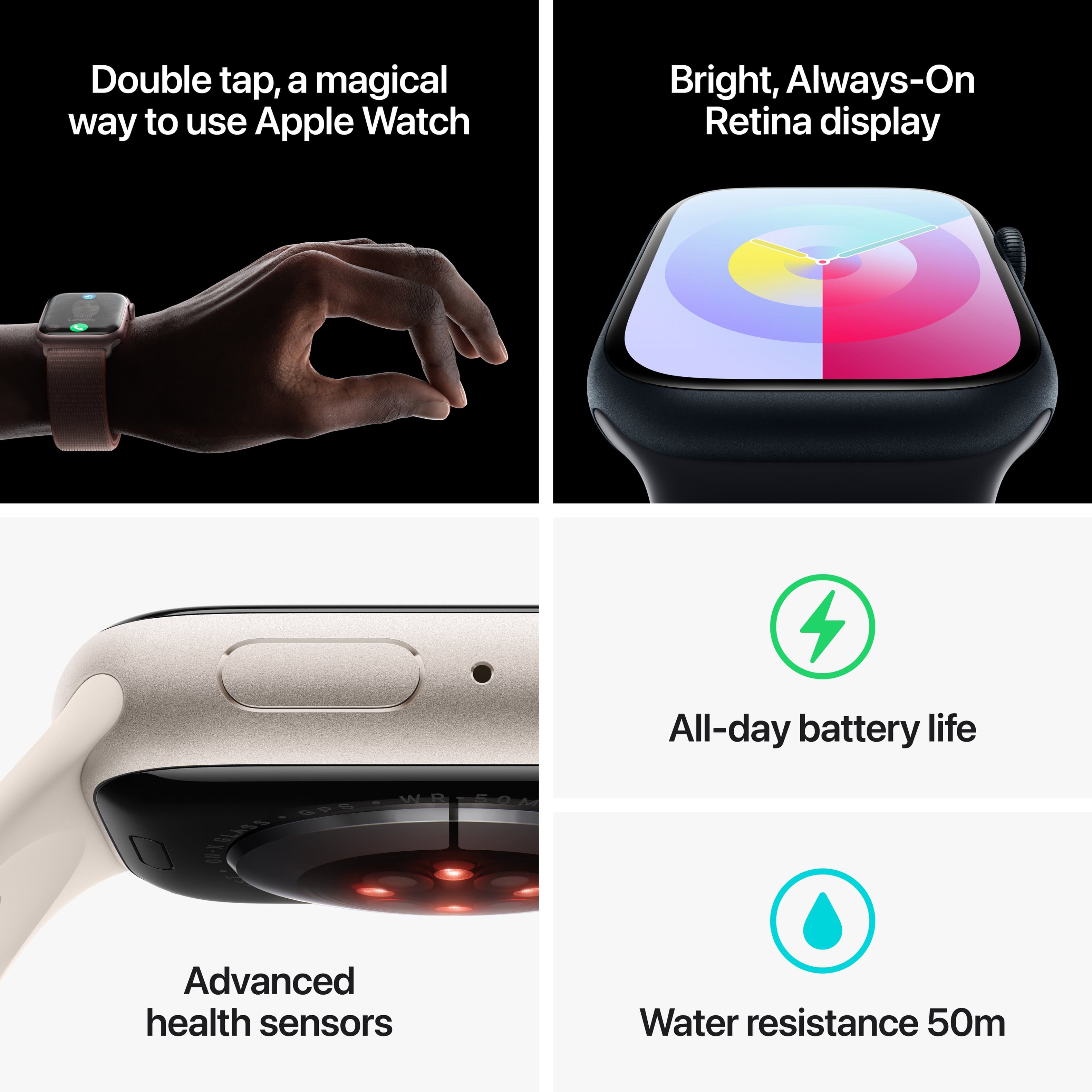 The text on the image can be grouped and corrected as follows:
1. Double tap: A magical way to use Apple Watch
2. Bright, Always-On Retina display
3. All-day battery life
4. Advanced health sensors
5. Water resistance 50m
This grouped and corrected text highlights the key features of the Apple Watch, emphasizing its ease of use, display, battery life, health-related capabilities, and water resistance.