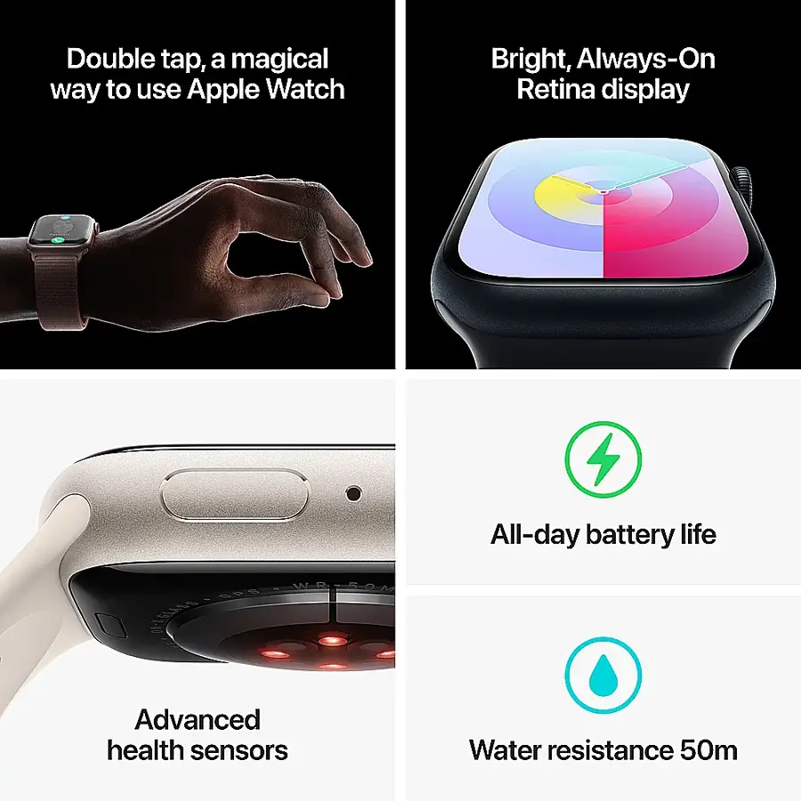 The text on the image can be grouped and corrected as follows:

1. Double tap: A magical way to use Apple Watch
2. Bright, Always-On Retina display
3. All-day battery life
4. Advanced health sensors
5. Water resistance 50m

This grouped and corrected text describes the features of an Apple Watch, including its double tap functionality, Retina display, battery life, health sensors, and water resistance.