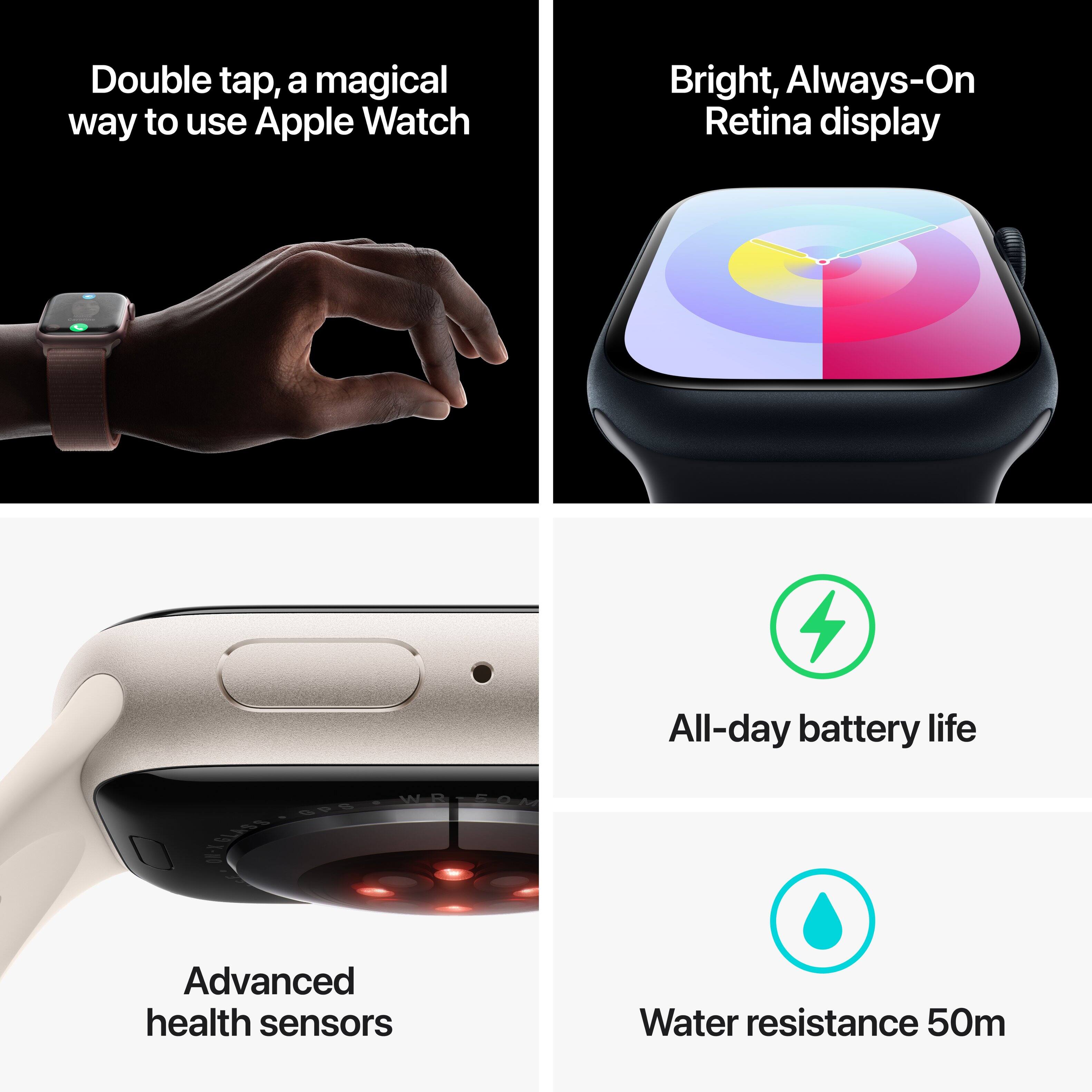 The text on the image is grouped and corrected as follows:

1. Double tap, a magical way to use Apple Watch
2. Bright, Always-On Retina display
3. All-day battery life
4. Advanced health sensors
5. Water resistance 50m

These are the main features of the Apple Watch, as described in the image.