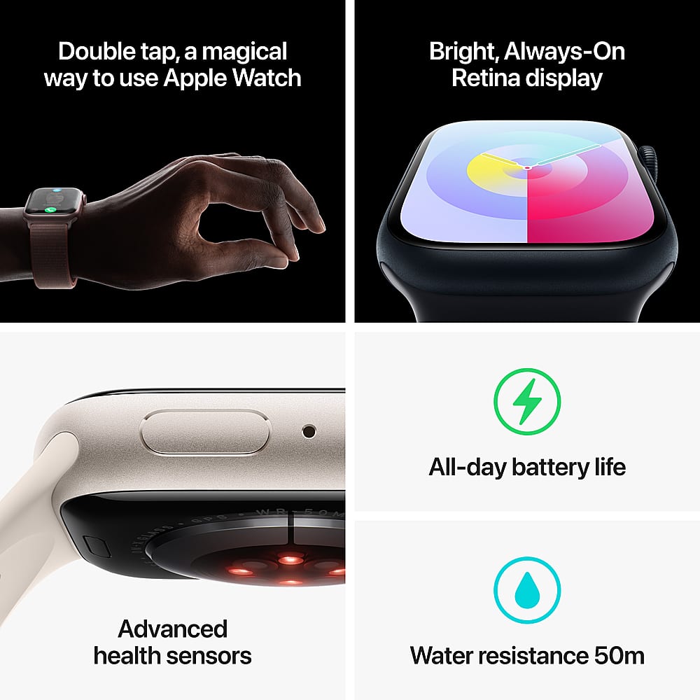 The text on the image can be grouped and corrected as follows:
1. Double tap: A magical way to use Apple Watch
2. Bright, Always-On Retina display
3. All-day battery life
4. Advanced health sensors
5. Water resistance 50m
These are the main features of the Apple Watch, as described in the image.