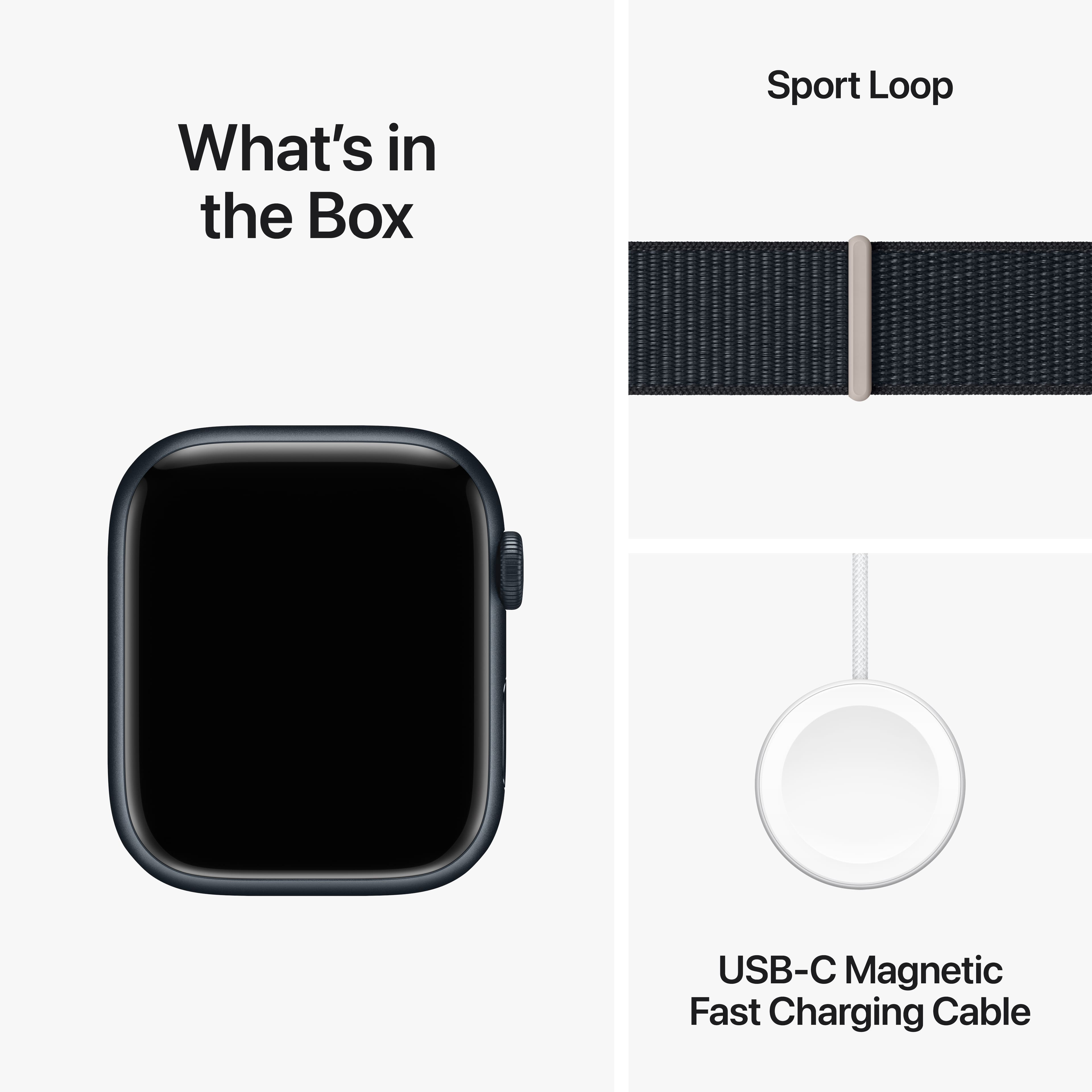 The image features a watch with a black band, which is a part of the Sport Loop collection. The watch is displayed in a white background, and the Sport Loop USB-C Magnetic Fast Charging Cable is also visible in the image. The watch is described as a USB-C Magnetic Fast Charging Cable, which suggests that it is compatible with USB-C devices and can charge quickly.
