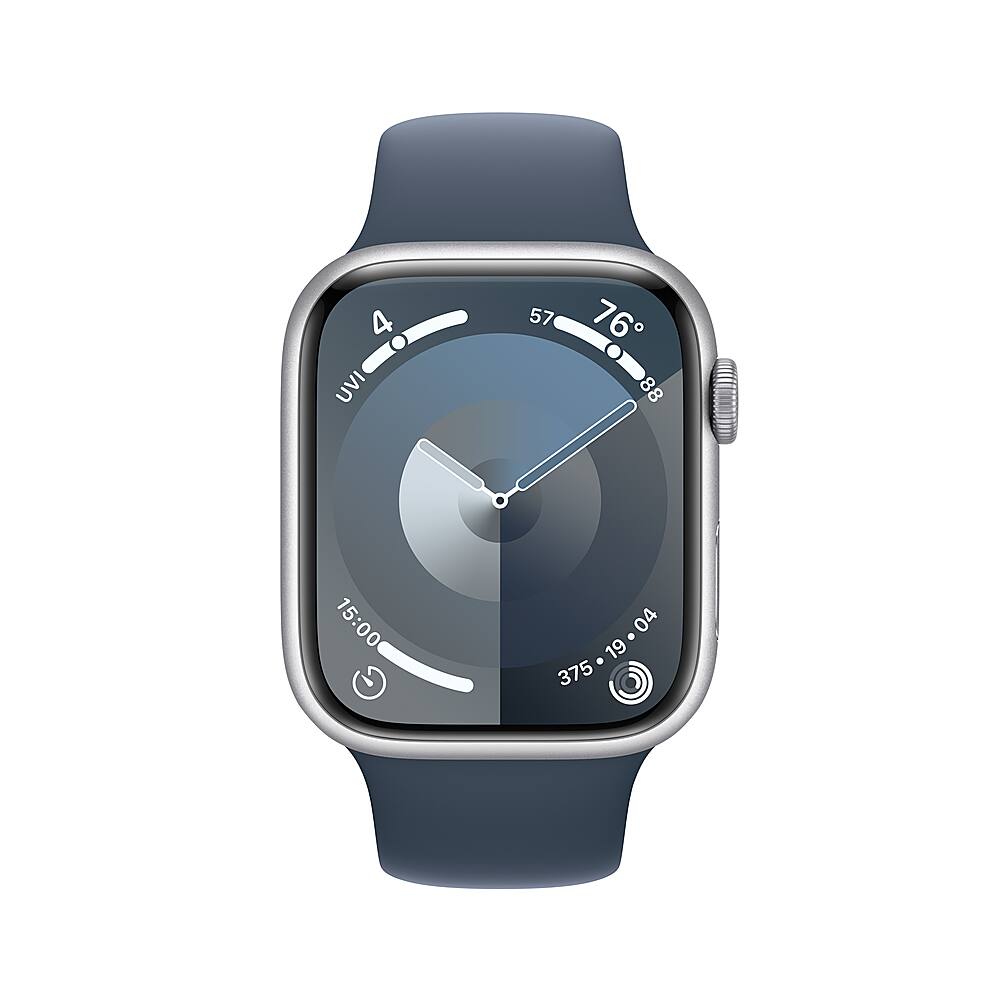Angle. Apple - Apple Watch Series 9 (GPS) 45mm Silver Aluminum Case with Storm Blue Sport Band with Blood Oxygen - S/M - Silver.