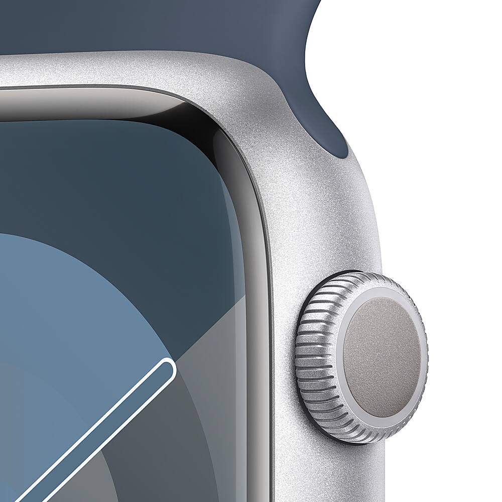 Alt View 12. Apple - Apple Watch Series 9 (GPS) 45mm Silver Aluminum Case with Storm Blue Sport Band with Blood Oxygen - S/M - Silver.