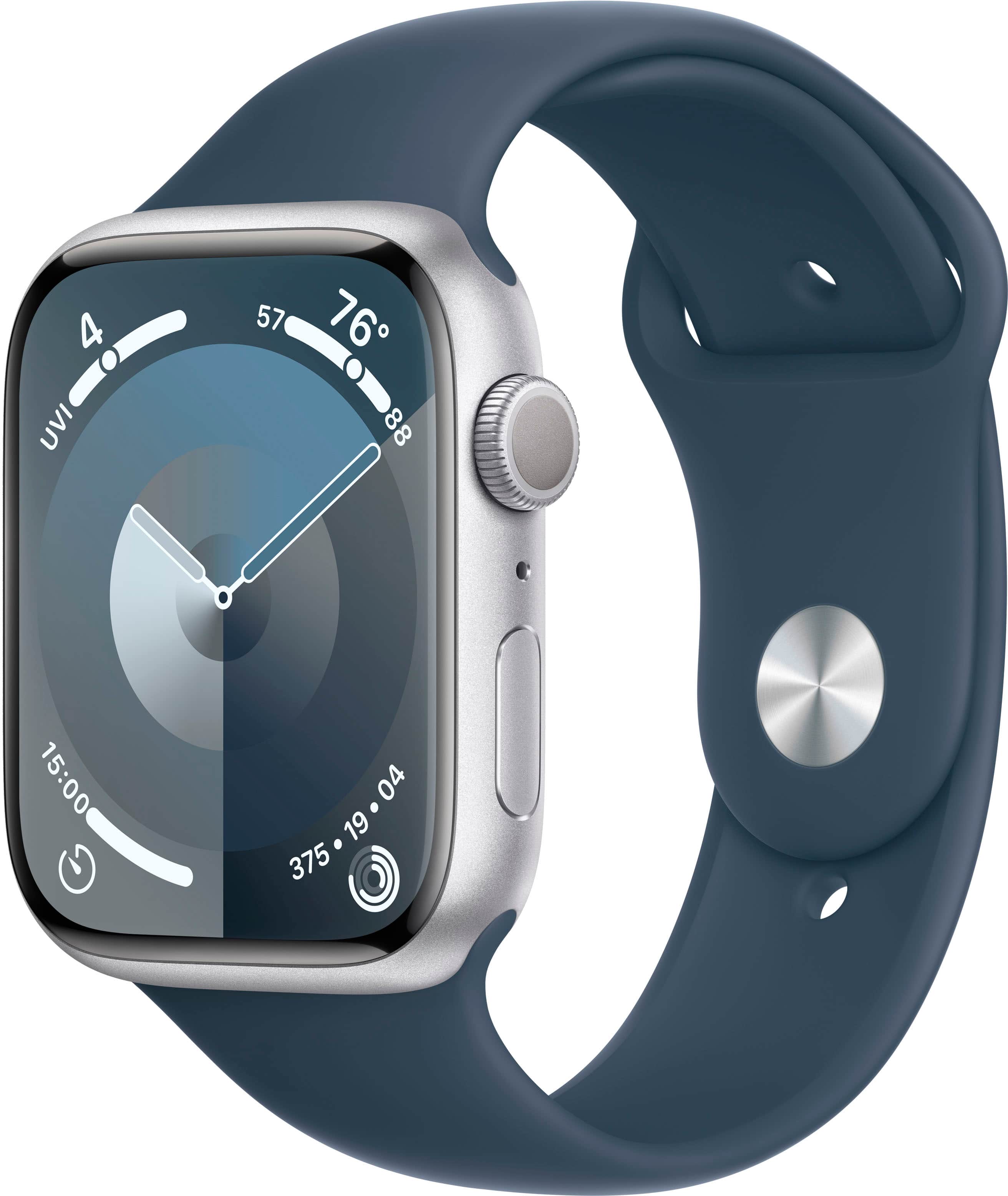 Apple GS Cert Refurb Watch Series 9 (GPS) 45mm Silver Aluminum Case with Storm Blue Sport Band with Blood Oxygen - M/L - Silver - (2023) - Front_Zoom