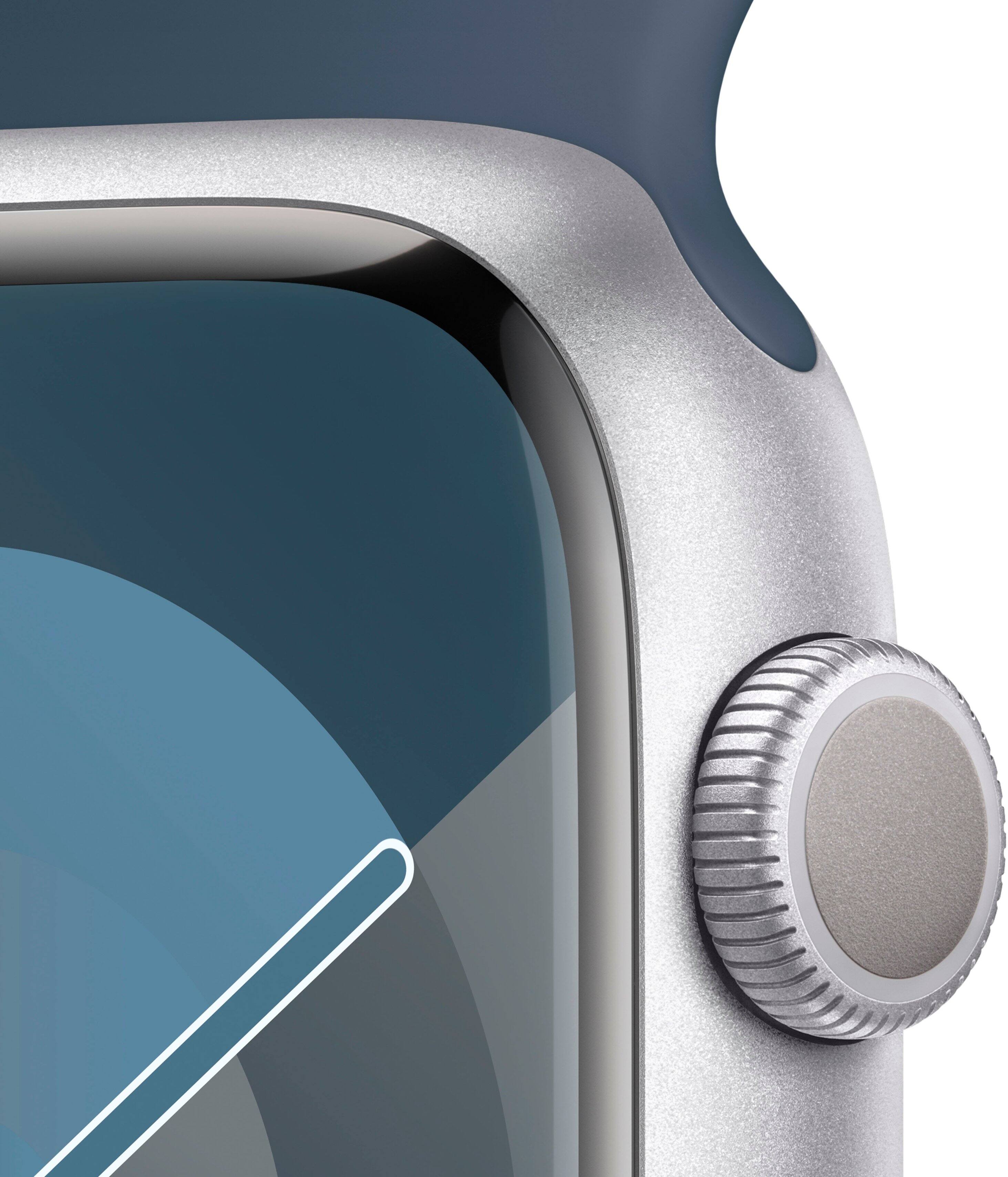 Alt View 12. Apple - Apple GS Cert Refurb Watch Series 9 (GPS) 45mm Silver Aluminum Case with Storm Blue Sport Band with Blood Oxygen - M/L - Silver.