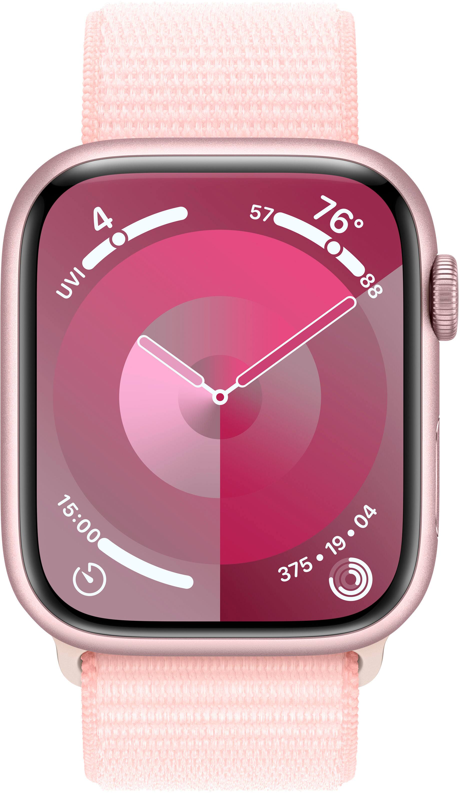 Angle. Apple - Apple Watch Series 9 (GPS) 45mm Pink Aluminum Case with Light Pink Sport Loop with Blood Oxygen - Pink.