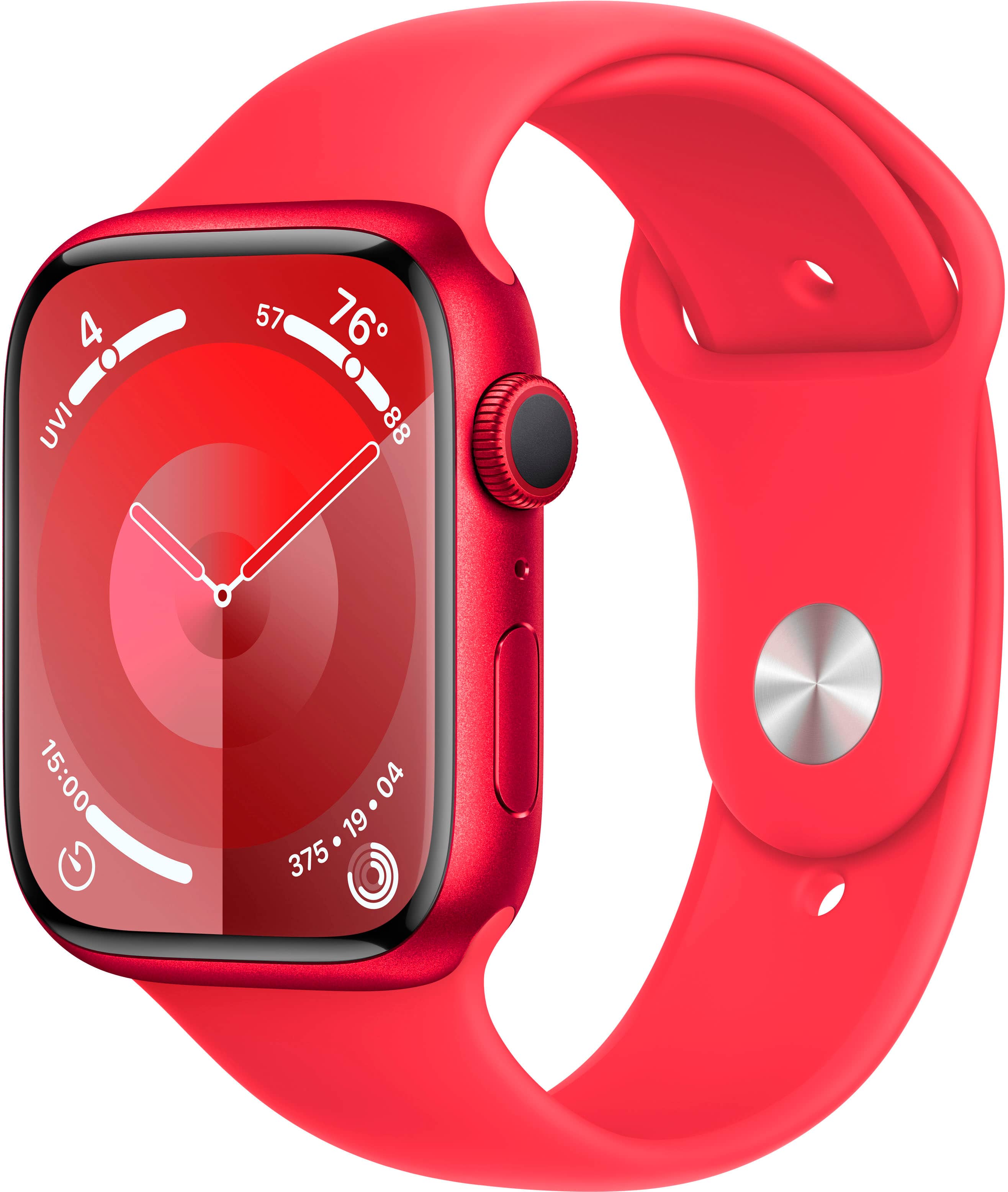 Front. Apple - Apple Watch Series 9 (GPS) 45mm (PRODUCT)RED Aluminum Case with (PRODUCT)RED Sport Band with Blood Oxygen - S/M - (PRODUCT)RED.