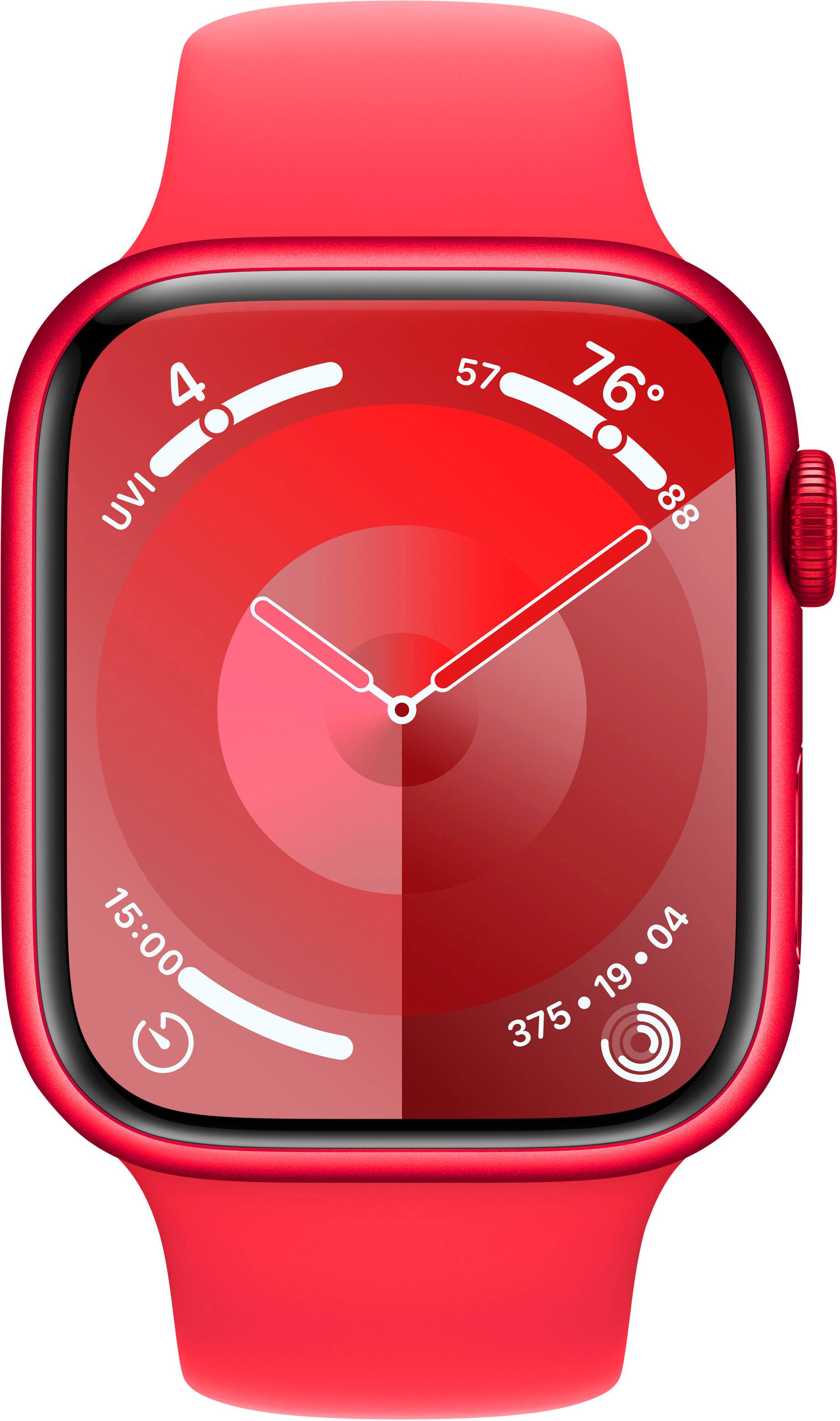 Angle. Apple - Apple Watch Series 9 (GPS) 45mm (PRODUCT)RED Aluminum Case with (PRODUCT)RED Sport Band with Blood Oxygen - S/M - (PRODUCT)RED.