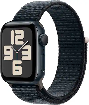 Front. Apple - Apple Watch SE 2nd Generation (GPS) 40mm Midnight Aluminum Case with Midnight Sport Loop - Midnight.