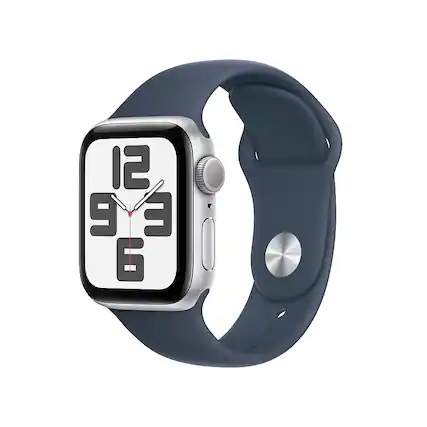 Front. Apple - Refurbished Apple Watch SE 2nd Generation (GPS) 40mm Silver Aluminum Case with Storm Blue Sport Band - S/M - Silver.