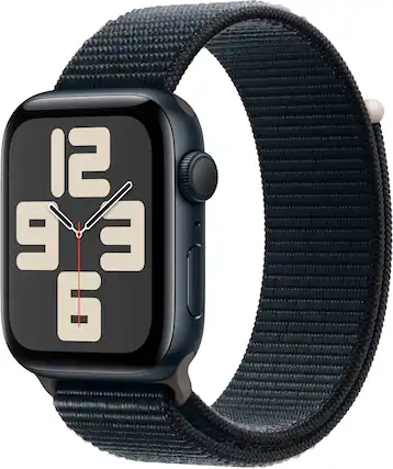 Front. Apple - Apple Watch SE 2nd Generation (GPS) 44mm Midnight Aluminum Case with Midnight Sport Loop - Midnight.