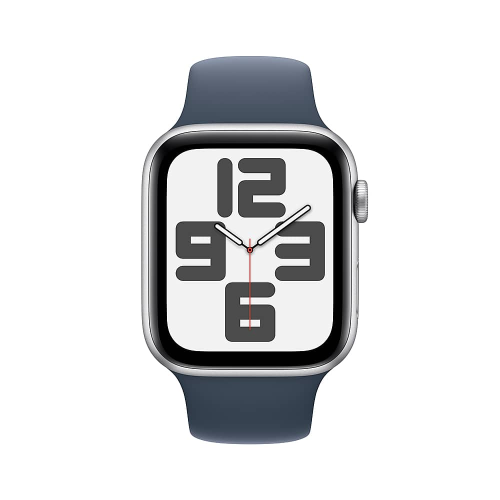 Angle View: Apple Watch SE 2nd Generation (GPS) 44mm Silver Aluminum Case with Storm Blue Sport Band - S/M - Silver