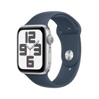 Apple Watch SE 2nd Generation (GPS) 44mm Silver Aluminum Case with Storm Blue Sport Band - S/M - Silver - Front_Zoom