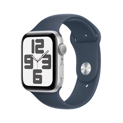 Front. Apple - Refurbished Apple Watch SE 2nd Generation (GPS) 44mm Silver Aluminum Case with Storm Blue Sport Band - M/L - Silver.