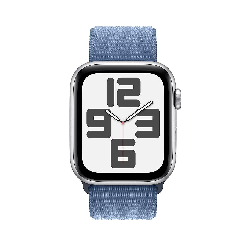 Angle. Apple - Apple Watch SE 2nd Generation (GPS) 44mm Silver Aluminum Case with Winter Blue Sport Loop - Silver.