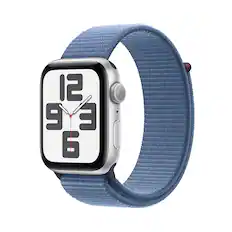 Front. Apple - Apple Watch SE 2nd Generation (GPS) 44mm Silver Aluminum Case with Winter Blue Sport Loop - Silver.