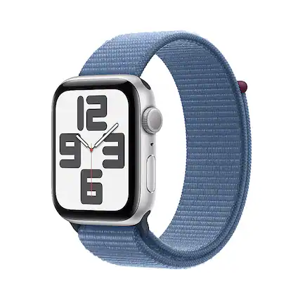 Front. Apple - Apple Watch SE 2nd Generation (GPS) 44mm Silver Aluminum Case with Winter Blue Sport Loop - Silver.