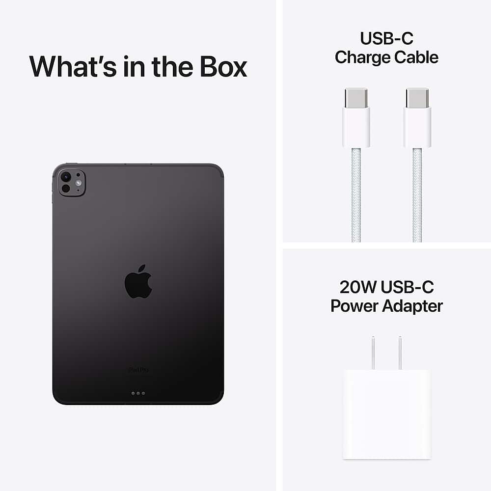 The image features a black Apple iPad with a USB-C charge cable and a 20W USB-C power adapter. The USB-C charge cable is shown in two different positions, one on the left side and the other on the right side of the image. The 20W USB-C power adapter is also displayed on the right side of the image. The image is likely promoting the Apple product and its accessories.