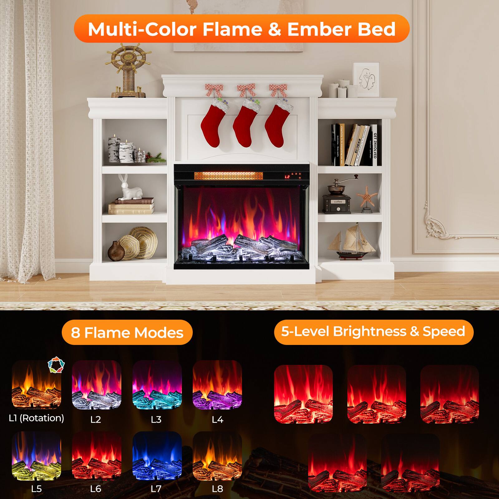 Multi-Color Flame & Ember Bed - 8 Flame Modes - 5-Level Brightness & Speed - L1 (Rotation) L2 L3 L4 L5 L6 L7 L8
