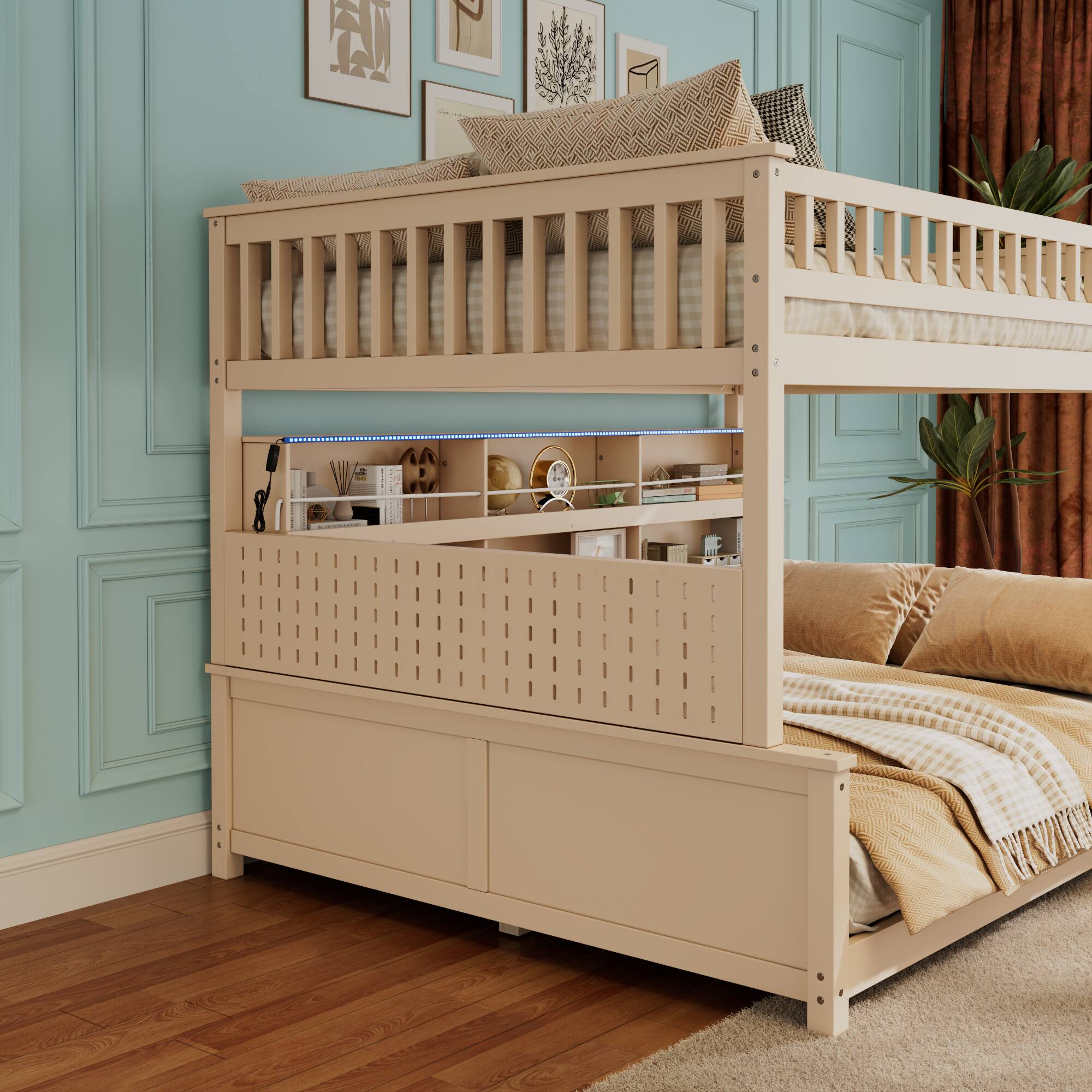 Alt View 2. Anysun - Full XL over Queen Bunk Bed with Integrated Shelving, Color-Changing Lights and Pegboard - Beige.