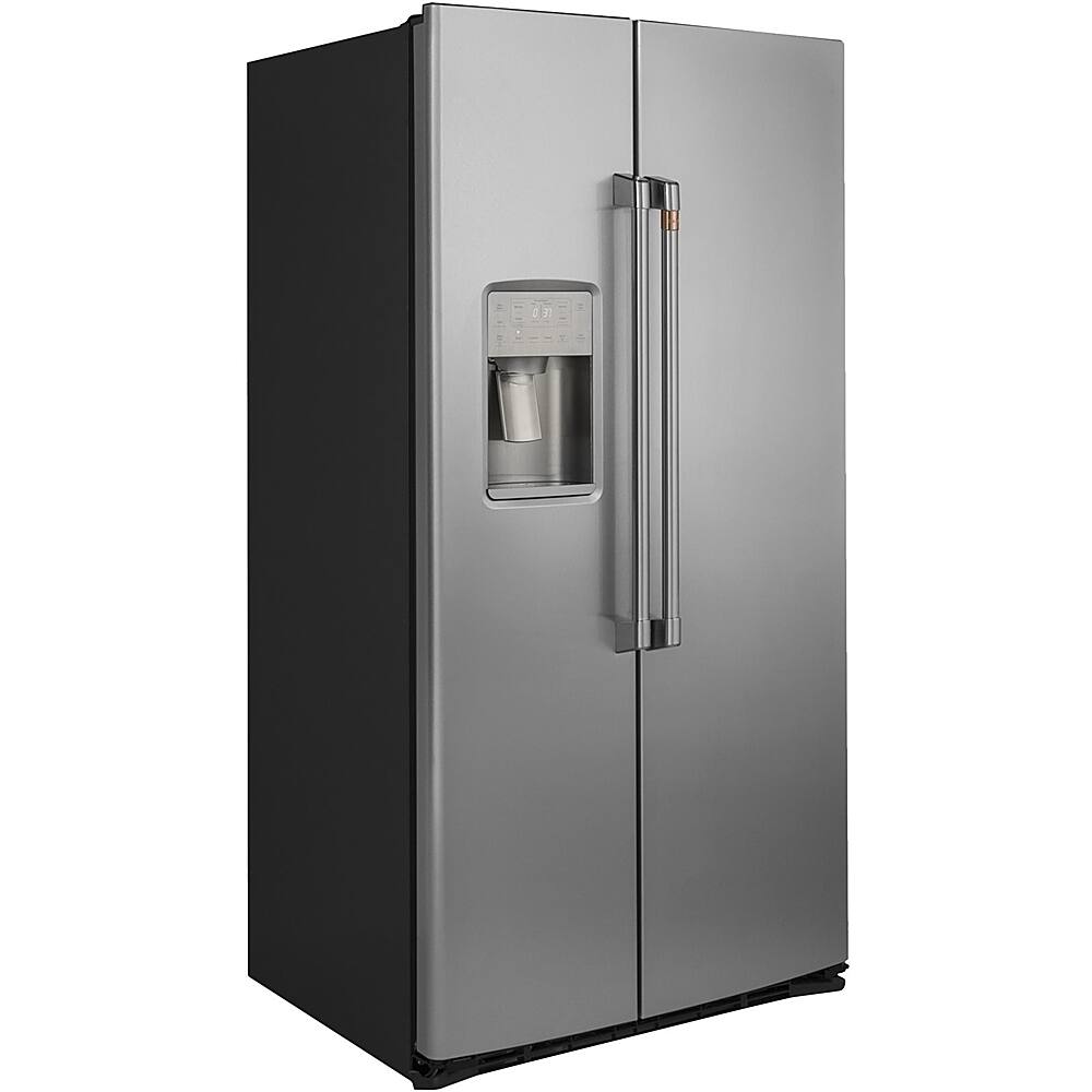 Left. Café - 21.9 Cu. Ft. Side-by-Side Counter-Depth Refrigerator, Customizable - Stainless steel.
