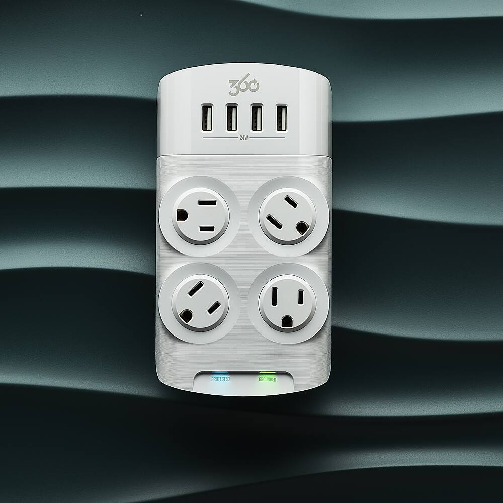 The text on the image reads "360 24W PROTECTED CURCUED." This is likely a description of the device, which is a surge protector with multiple outlets. The device is designed to protect electronic devices from power surges and voltage fluctuations.