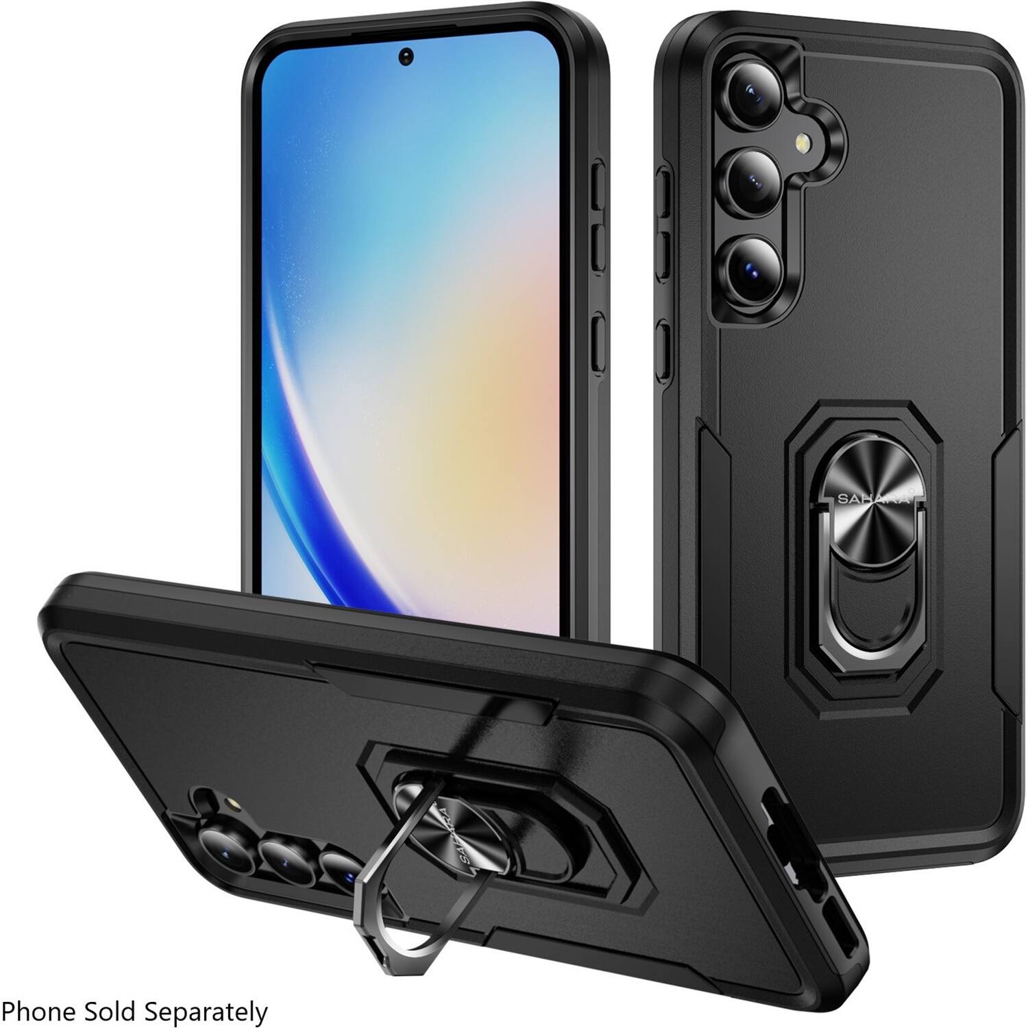The image shows a phone case for a SAHARA phone, which is sold separately. The case is black and features a clear window on the back to showcase the phone's design. The case is designed to protect the phone from scratches and other damage while still allowing the user to show off the phone's design.