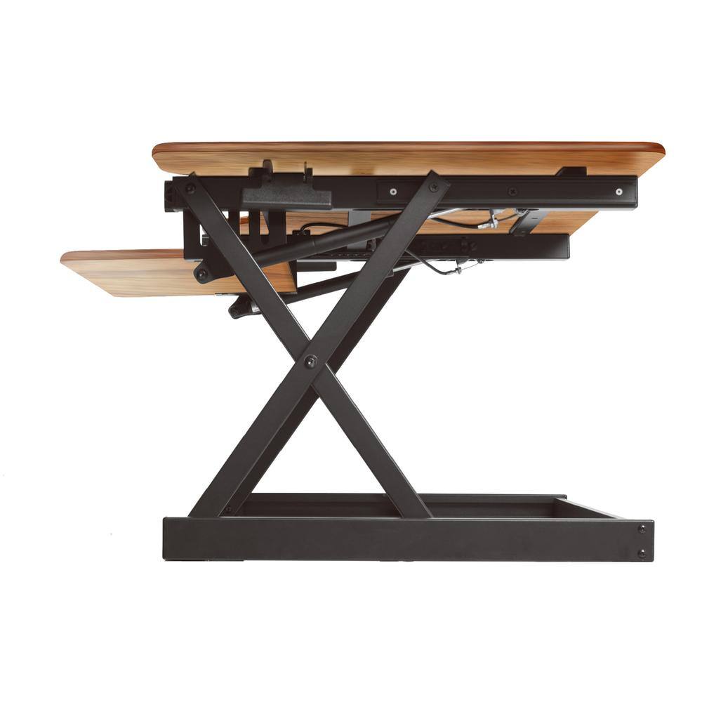 Back. Rocelco - 46" Large Height Adjustable Corner Standing Desk Converter, Dual Monitor Riser, Wide Keyboard Tray - Brown.