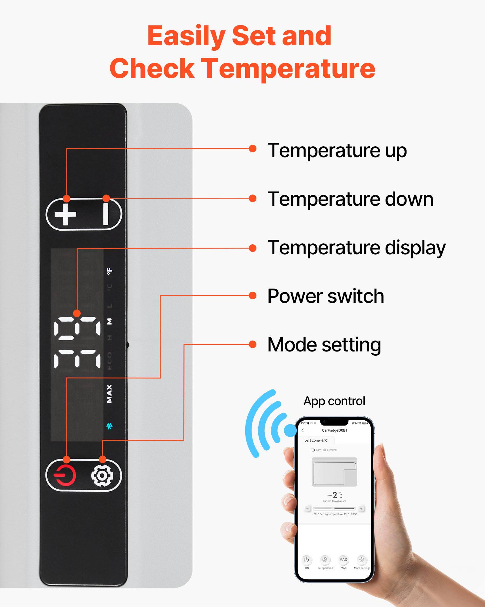 Easily Set and Check Temperature

Temperature up
Temperature down
Temperature display
Power switch
Mode setting
App control

CarFridge001
Left zone -2°C
Current temperature -2°C
Setting temperature -2°C -1°C 0°C 1°C 2°C
Refrigeration
MAX
More settings
