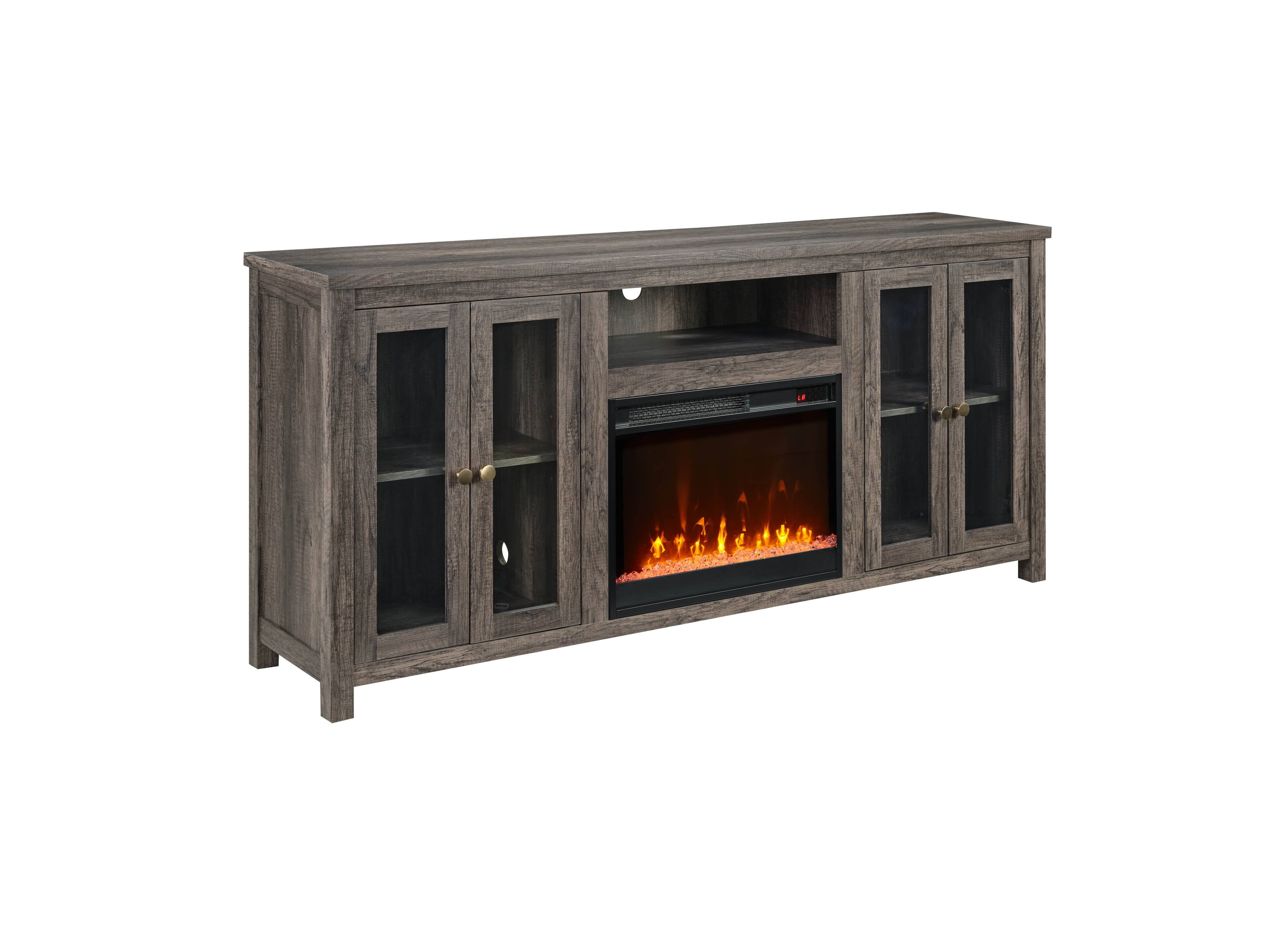 Angle. APRILSOUL - 70 Inch W Gray Walnut Finish Fireplace TV Stand Console with Heater LED Light Cabinets Shelves - Gray.