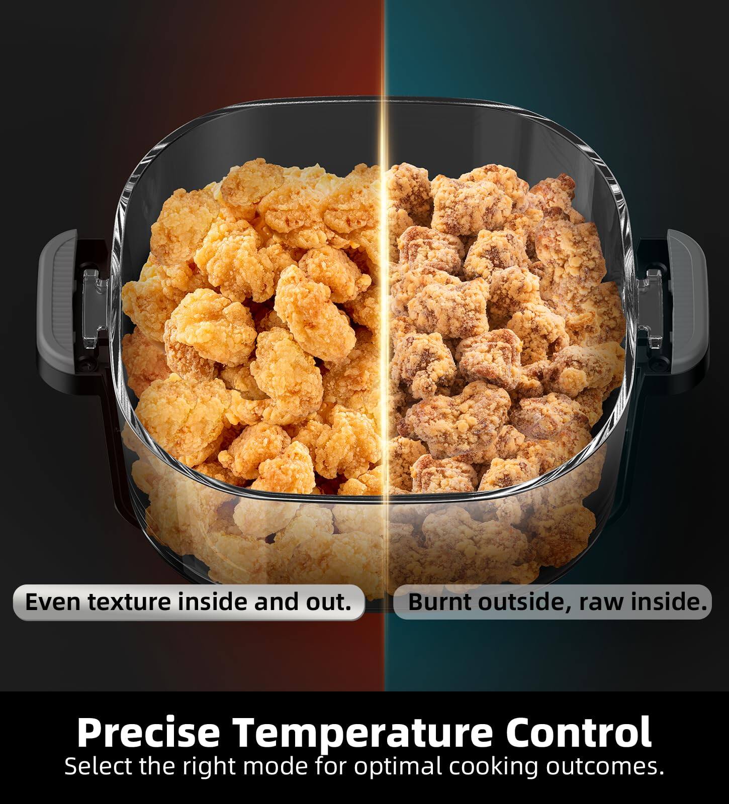 Even texture inside and out.  
Burnt outside, raw inside.  

Precise Temperature Control  
Select the right mode for optimal cooking outcomes.