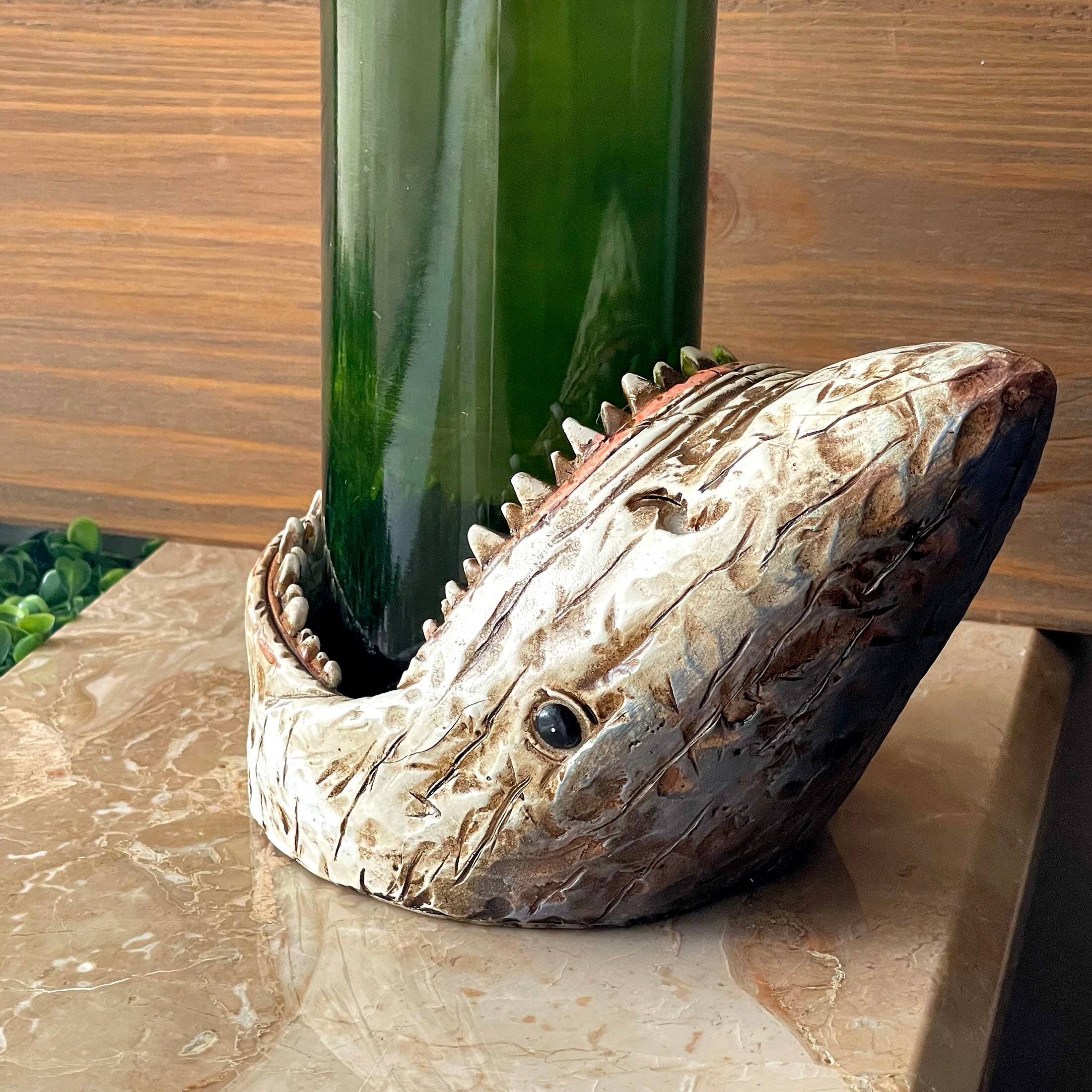 Alt View 4. Chesapeake Bay - Distressed Wood Finish Resin Shark Wine Bottle Holder – 7 Inches Long - Multicolored.