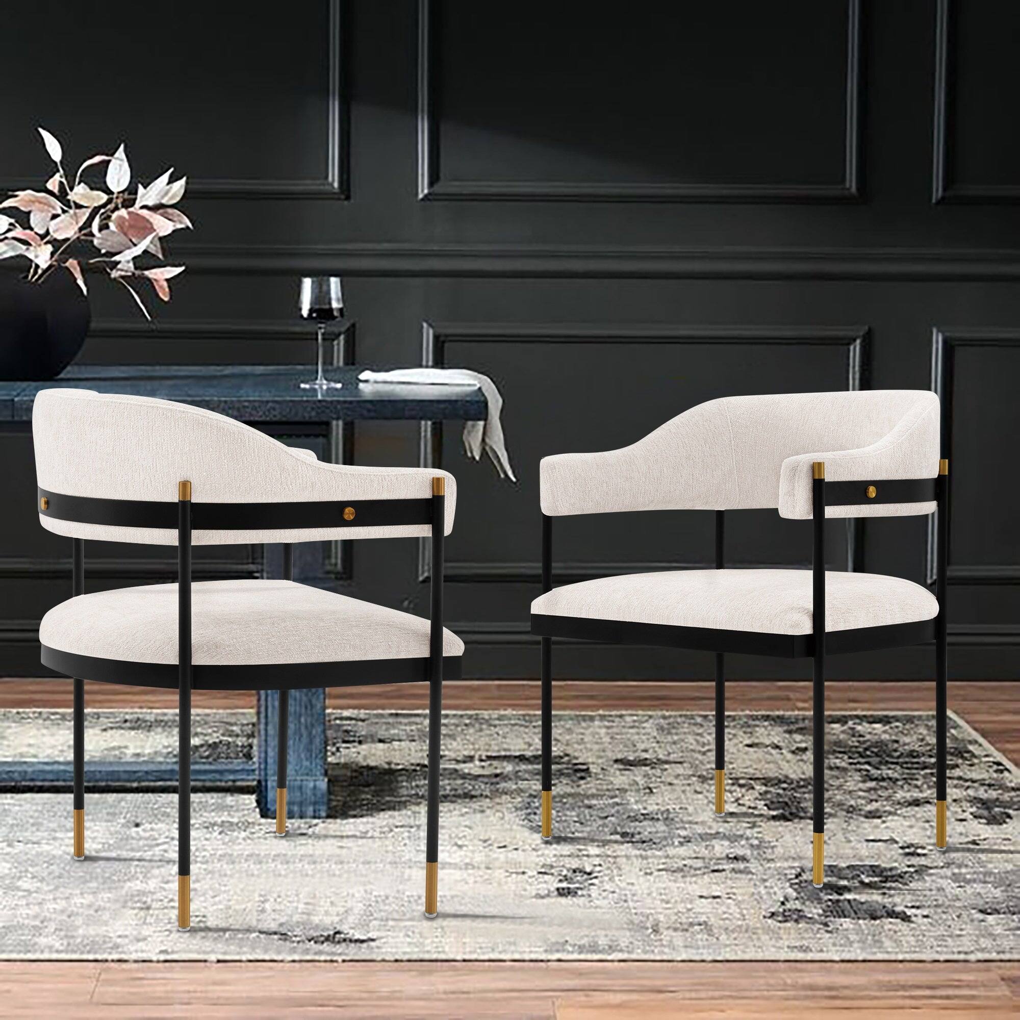 Angle. Manhattan Comfort - Lia Modern Metal Chenille Dining Chair with Arms - Cream.