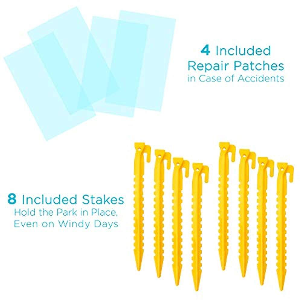 4 Included Repair Patches in Case of Accidents  
8 Included Stakes Hold the Park in Place, Even on Windy Days