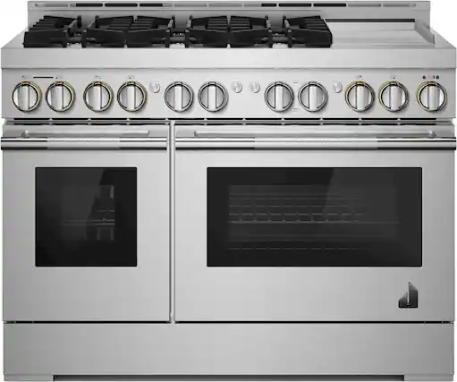 Front. JennAir - RISE 6.3 Cu. Ft. Freestanding Double Oven Gas True Convection Range with Chrome-Infused Griddle - Stainless steel.