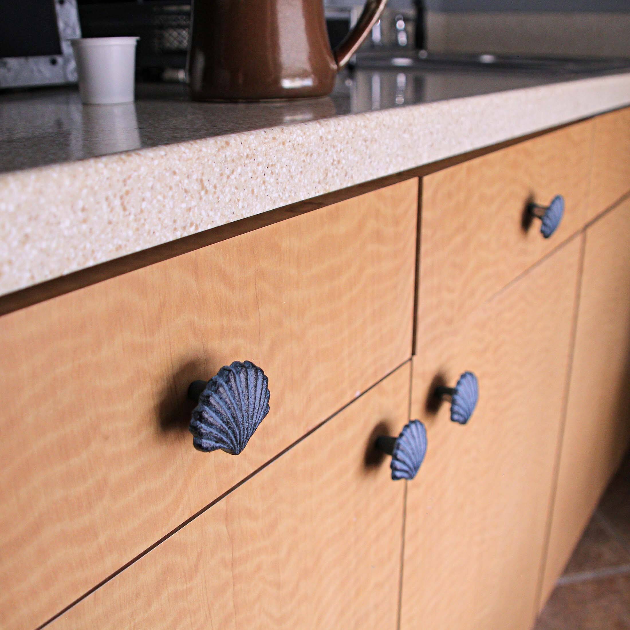 Alt View 4. Zeckos - Set of 6 Blue Cast Iron Scallop Sea Shell Drawer Pulls Nautical Cabinet Knobs - Light Blue.
